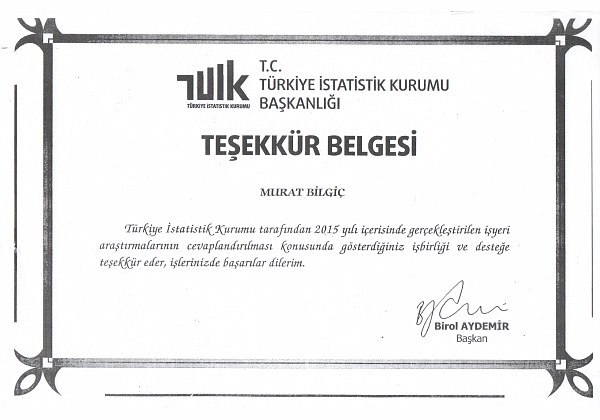 TÜİK Teşekkür Belgesi, Murat Bilgiç adına, 2015