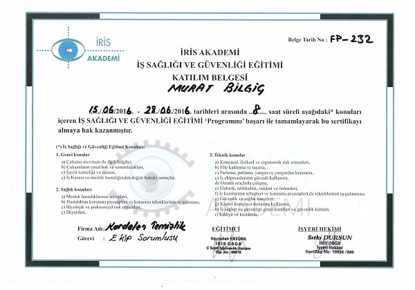 İRİS Akademi iş sağlığı ve güvenliği eğitimi katılım belgesi, 2016
