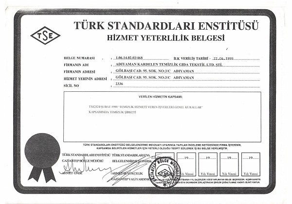 Türk Standardları Enstitüsü Hizmet Yeterlilik Belgesi, 1999