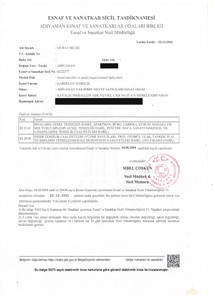 Adıyaman Esnaf ve Sanatkarlar Odaları Birliği sicil tasdiknamesi, 2016