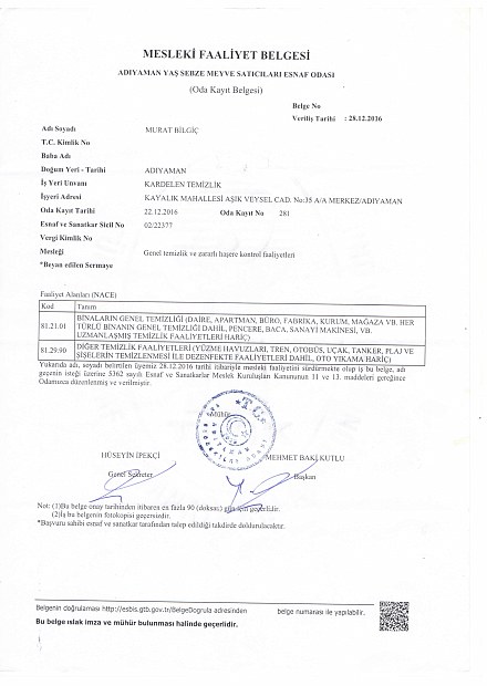 Adıyaman Yaş Sebze Meyve Satıcıları Esnaf Odası mesleki faaliyet belgesi, 2016