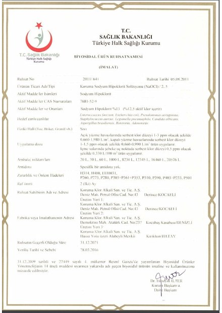 Sağlık Bakanlığı biyosidal ürün ruhsatnamesi, ruhsat no 2011/641