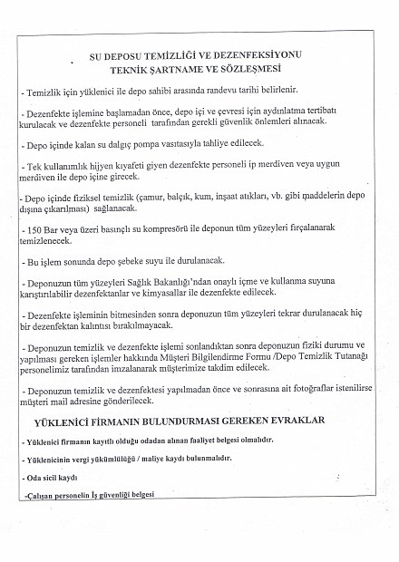 Su deposu temizliği ve dezenfeksiyonu teknik şartname ve sözleşmesi